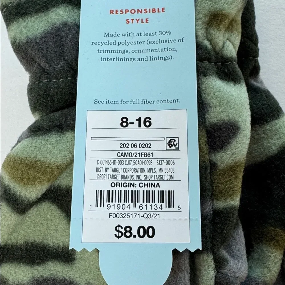 Cat & Jack Kids Green Camo Fleece Glove Mittens Size 8-16 NWT